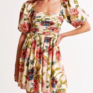 Abercrombie & Fitch Emerson Waisted Poplin Mini Dress Cream Floral
